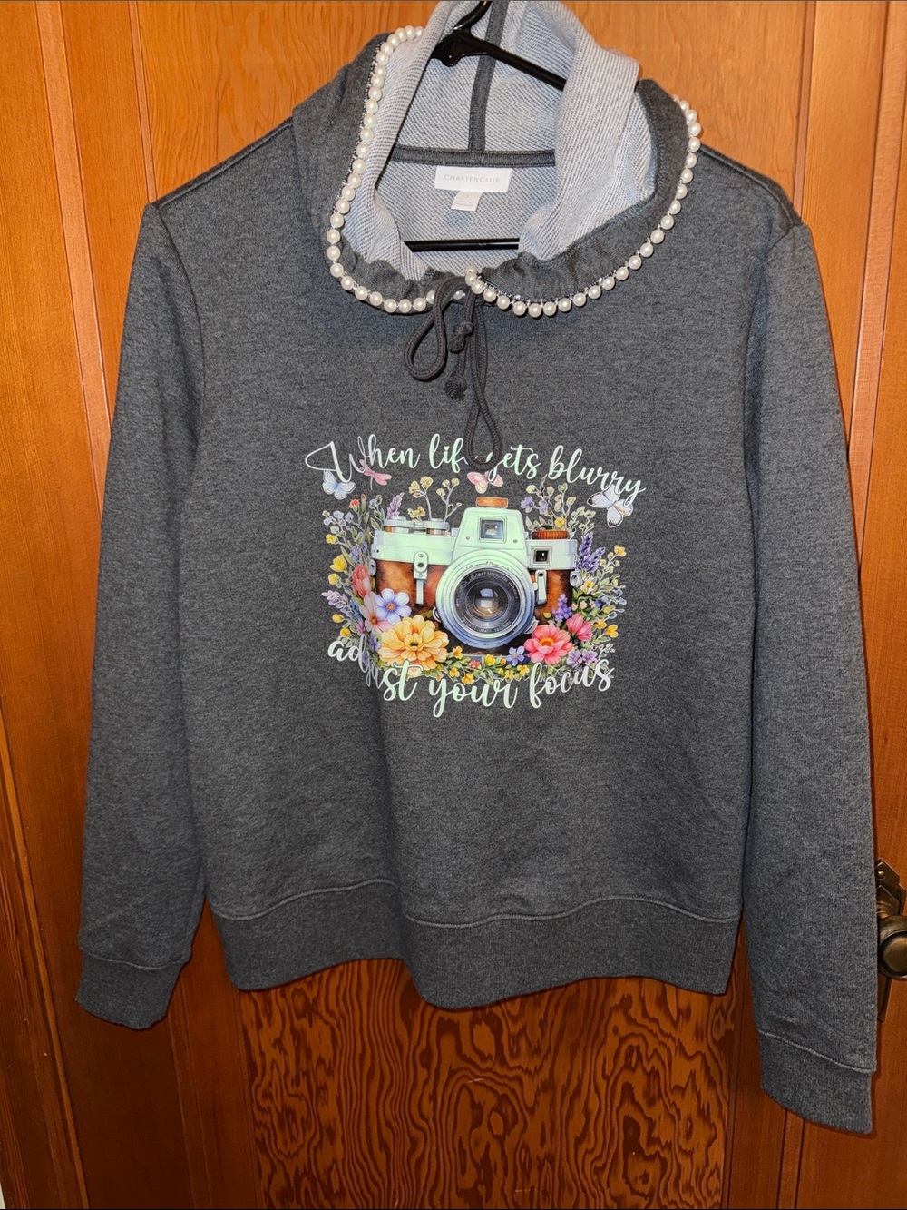 Charter Club Gray Pullover Hoodie with Floral Camera Graphic and Pearled Hood